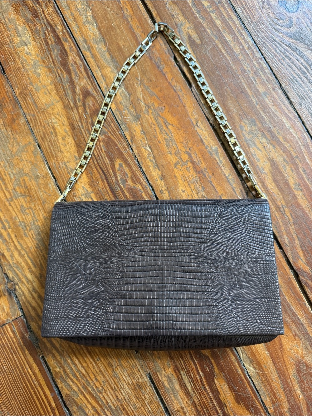 Nine West Brown Leather Clutch with Gold Chain Strap